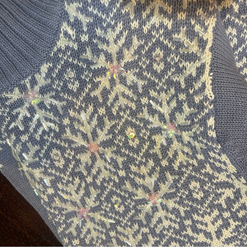 Lng Wovens Fair Isle Snowflake Bead & Sequin‎ Sweater Ice Blue White Mock Neck - Picture 4 of 9